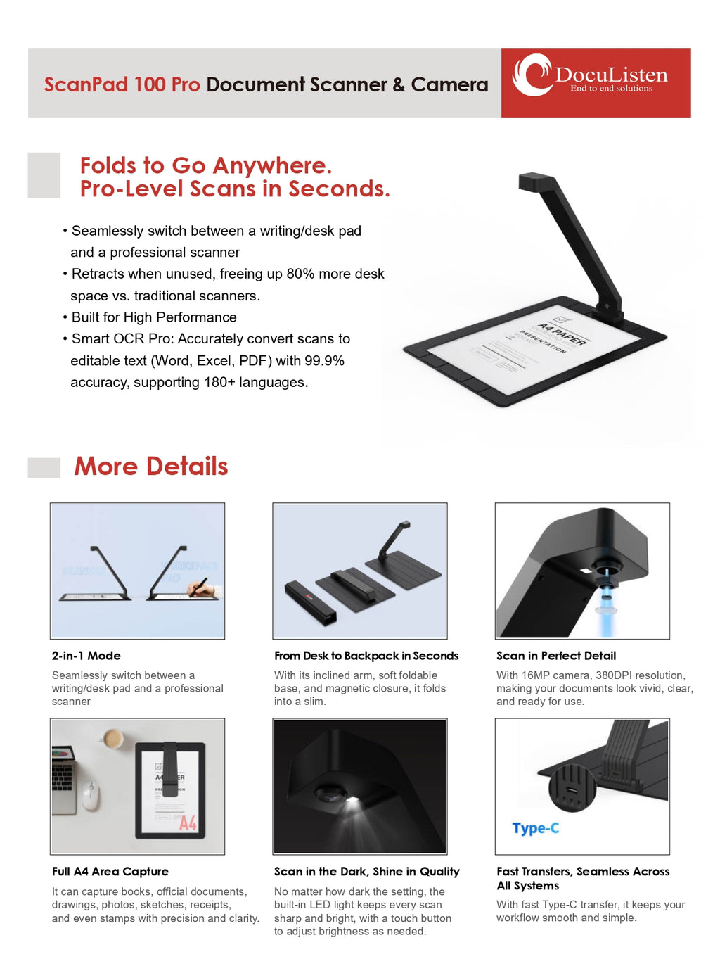 Escáner de Documentos ScanPad 100 Pro | Escáner 2 en 1 con OCR